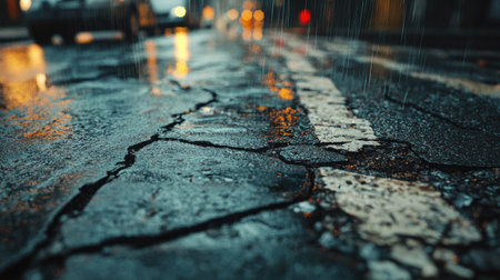 A detailed image of cracked asphalt on a city street, with rainwater filling the cracks.の素材
