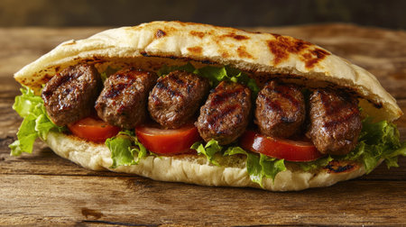 A delicious beef kebab sandwich, filled with smoky grilled meat, tomatoes, and lettuce, isolated on a rustic wooden surface.の素材