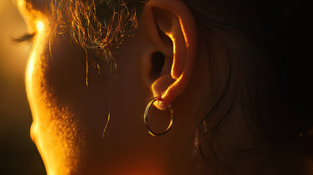 A detailed image of a woman's ear with a sleek, modern gold earring, illuminated with soft, warm light.の素材