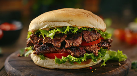 A freshly made kebab sandwich with juicy grilled beef, fresh lettuce, and tomatoes, isolated on a neutral surface.の素材