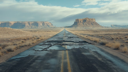 A long stretch of cracked road with visible potholes, signaling the wear and tear from heavy traffic.の素材