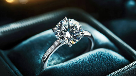 A diamond engagement ring in a velvet box, the soft lighting illuminating the ring's brilliance against a simple, understated background.の素材