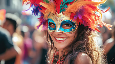 A girl wearing a feathered, colorful carnival mask, with her face partially hidden, smiling in a lively party atmosphere.の素材