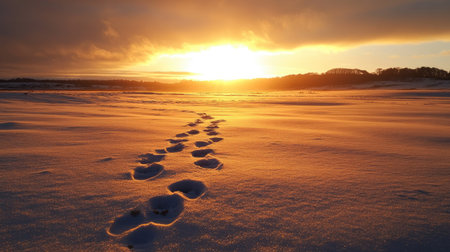 A golden sunrise casting long shadows over animal tracks imprinted in the untouched sand.の素材