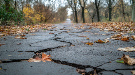A cracked asphalt path in a park, with leaves and debris filling the gaps, adding to the weathered look.の素材