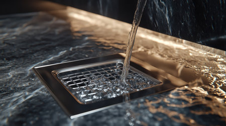 A close-up view of a bathroom floor drain with water flowing into it, highlighting the stainless steel cover and ceramic tiles.の素材