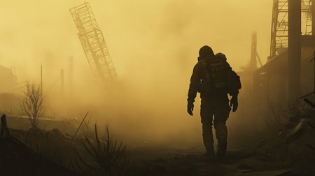 A man in a protective gas mask, walking through a foggy, abandoned area, his figure silhouetted against the hazy background.の素材