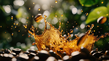 A close-up shot of coffee splashing with beans scattered around it, isolated on a clean, smooth background.の素材