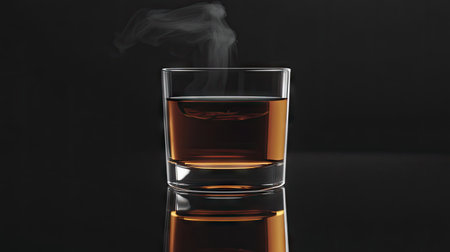 A glass of tea with steam rising slowly, set on a glossy black background to enhance the minimalistic elegance.の素材