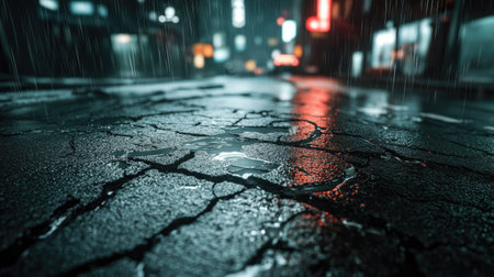 A detailed image of cracked asphalt on a city street, with rainwater filling the cracks.の素材