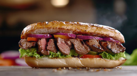 A delicious mixed meat kebab sandwich with juicy grilled beef, chicken, and vegetables, isolated with a soft-focus background.の素材