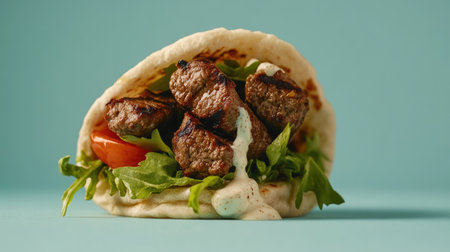 A kebab sandwich with a soft pita wrap filled with juicy grilled kebab, fresh greens, and a drizzle of sauce, isolated against a clean background.の素材