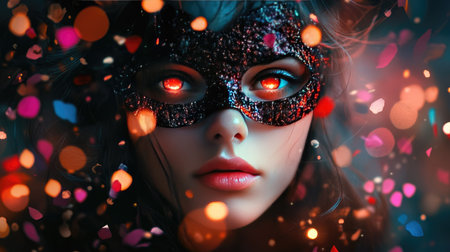 A girl wearing a dramatic carnival mask, her eyes peeking through, surrounded by carnival lights and confetti.の素材