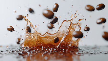 A dramatic and energetic coffee splash with beans flying out of the frame, isolated on a clean surface.の素材