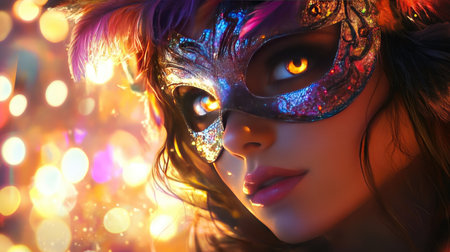 A girl with a feathered carnival mask and a hint of mystery in her eyes, set against a backdrop of party lights.の素材