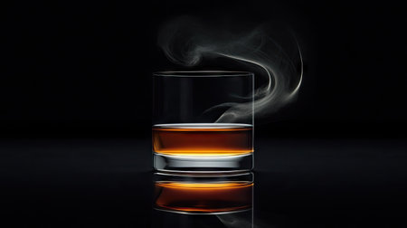 A glass of warm tea with a delicate steam swirl, placed elegantly on a glossy black surface with minimal reflection.の素材