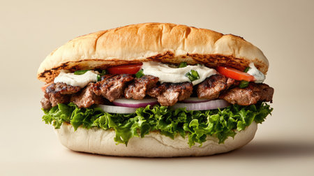 A kebab sandwich with layers of perfectly grilled meat, onions, lettuce, and tahini sauce, isolated against a light background.の素材