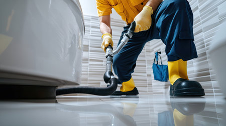 A maintenance worker in uniform using a vacuum pump to clear a clogged bathroom floor drain.の素材