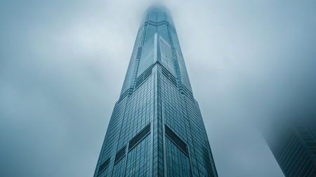 A low-angle view of a towering modern skyscraper with glass facades mirroring the clouds.の素材
