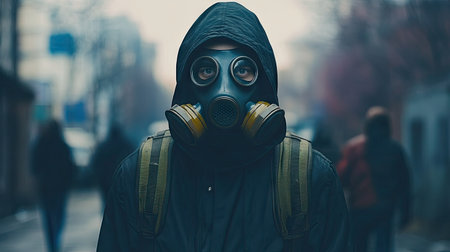 A man in a gas mask, standing still in an urban, post-apocalyptic scene, his eyes focused ahead with a sense of urgency.の素材