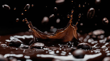 A close-up of dark coffee splashing, with whole coffee beans captured in mid-air, isolated on a clean background.の素材