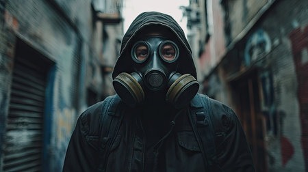 A man in a gas mask, standing still in an urban, post-apocalyptic scene, his eyes focused ahead with a sense of urgency.の素材