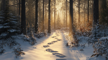 A line of rabbit footprints hopping through a snowy forest, with sunlight filtering through the trees.の素材