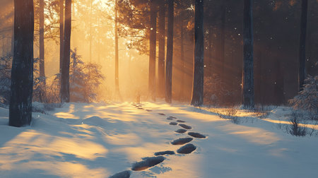 A line of rabbit footprints hopping through a snowy forest, with sunlight filtering through the trees.の素材