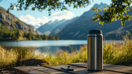 A sleek stainless steel thermos on a camping table, with a scenic mountain view in the background.の素材