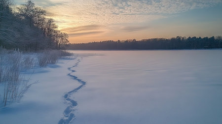 A set of fox tracks weaving gracefully across a frozen field covered in fresh snow.の素材