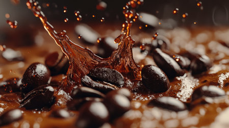A close-up of dark coffee splashing, with whole coffee beans captured in mid-air, isolated on a clean background.の素材