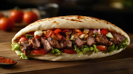 A mouth-watering kebab sandwich with perfectly cooked meat and crispy vegetables, isolated on a wooden table.の素材