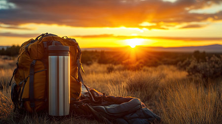 A professional-grade stainless steel thermos beside a traveler's gear, with a calm sunset view in the distance.の素材