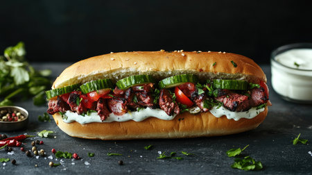 A perfectly made kebab sandwich with tender lamb, cucumber, tomato, and yogurt sauce, isolated on a simple surface.の素材