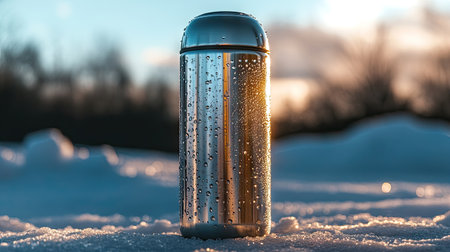 A shiny stainless steel thermos with condensation on its surface, sitting on a cold winter morning outside.の素材