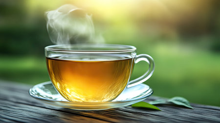 A close-up of a steaming cup of tea, with soft swirls of steam against a blurred, serene background.の素材
