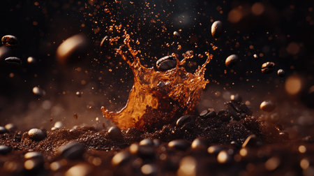A powerful splash of coffee with scattered beans floating around, captured in motion against a dark, blurred background.の素材