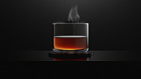A minimalist image of a glass cup with warm tea, set on a smooth black glossy surface with steam rising.の素材
