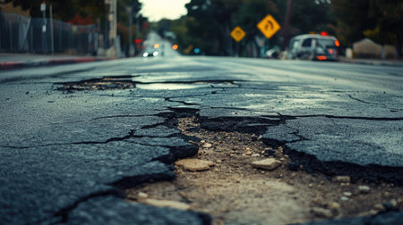 A cracked asphalt sidewalk with visible gaps, surrounded by urban infrastructure and traffic signs.の素材