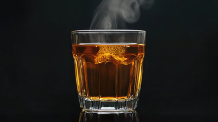 A high-quality image of a clear glass of warm tea with steam rising, surrounded by the smooth and glossy black backdrop.の素材