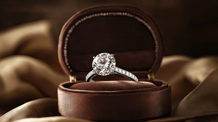 A high-end diamond ring inside an elegant jewelry box with a velvet interior, against a muted, sophisticated background.の素材