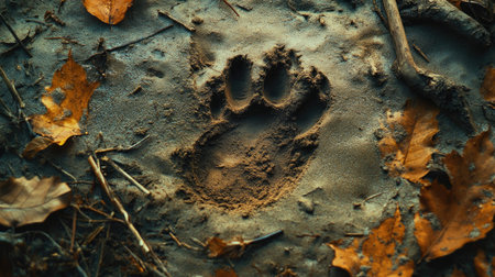A single deer hoof print embedded in warm sand, surrounded by dry twigs and leaves.の素材