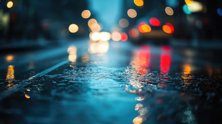 A dark city street at night, with wet asphalt glistening and the distant hum of traffic.の素材