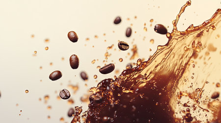 A high-energy coffee splash, with fresh coffee beans flying out, isolated on a bright, minimalistic background.の素材
