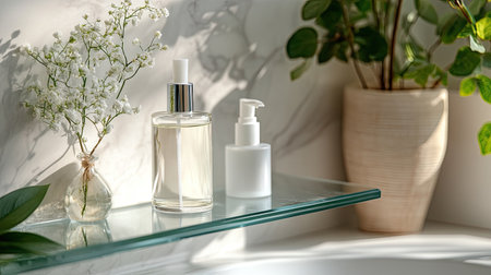 Contemporary bathroom interior with bottle of serum lotion on floating glass shelf near sink and decorative plantsの素材