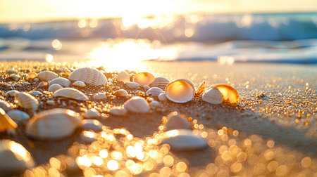 Close-up of tiny sea shells glistening in sunlight on warm golden sand, soft ocean waves blurred in the distanceの素材