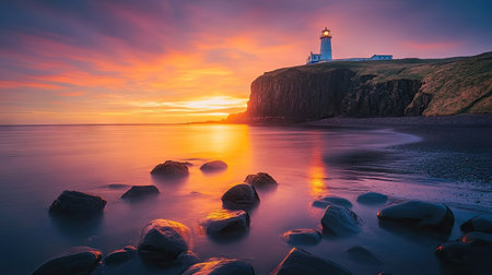 Colorful sunrise illuminating a lighthouse on a cliff, reflecting on calm ocean water with scattered rocks in the foregroundの素材