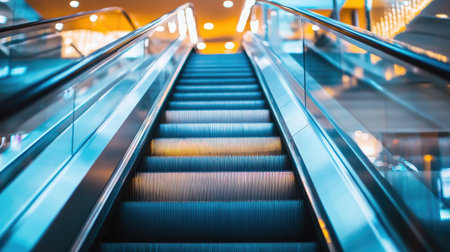 Detailed view of escalator handrails and steps in a contemporary shopping mall, emphasizing motion and modern designの素材