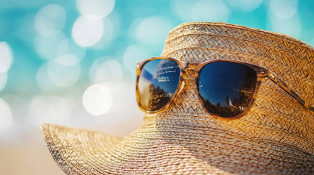 Close-up of straw hat brim with sunglasses perched on top, background blurred to highlight textures and summer accessoriesの素材