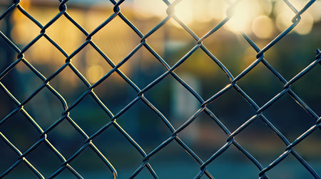 Close-up texture of steel chain-link fence with blurred background, representing security and restrictionの素材